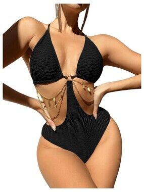 OYOANGLE Womens One Piece Swimsuit Chain Cut Out Halter Tummy Control Black S
